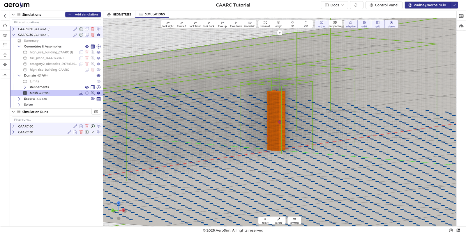 The AeroSim web solver: geometry tree, mesh refinements and the 3D view